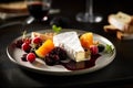 Cheese plate with soft cheese, fruit sauce and red wine. AI generated. Royalty Free Stock Photo