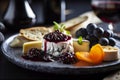 Cheese plate with soft cheese, fruit sauce and red wine. AI generated. Royalty Free Stock Photo