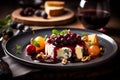 Cheese plate with soft cheese, fruit sauce and red wine. AI generated. Royalty Free Stock Photo