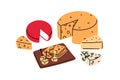 Cheese plate. Variety of delicious dairy delicatessen board. Different sorts, assorted types, appetizer, edam, emmental