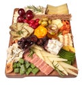 Cheese platter. Appetizers boards with assorted cheese, honey, dried plums, grapes and nuts. Isolated