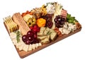 Cheese platter. Appetizers boards with assorted cheese, honey, dried plums, grapes and nuts. Isolated