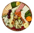 Cheese platter. Appetizers boards with assorted cheese, honey, dried figs and cherries, grapes and nuts. Isolated