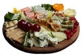 Cheese platter. Appetizers boards with assorted cheese, honey, dried figs and cherries, grapes and nuts. Isolated