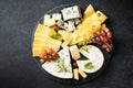 Cheese platter with craft cheese assortment at black background. Royalty Free Stock Photo