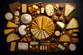 Cheese platter: different types of delicious cheese on wooden board, flat lay, top view