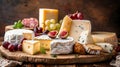Cheese platter with different types of cheese, grapes and nuts