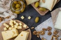 Cheese platter of different types of hard cheese Swedish, Spanish and Italian Royalty Free Stock Photo