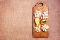 Cheese platter garnished on rustic wooden board Royalty Free Stock Photo