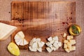 Cheese platter garnished on rustic wooden board Royalty Free Stock Photo