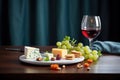 cheese platter with grapes, nuts, and a glass of red wine Royalty Free Stock Photo