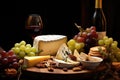 Cheese platter with grapes, nuts and red wine on black background, A cheese platter with grapes, nuts and wine, AI Generated Royalty Free Stock Photo