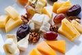 cheese platter with nuts, grapes and dates. delicious snacks with wine.