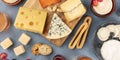 Cheese platter, overhead panoramic shot. Blue cheese, goat cheese etc