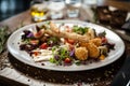 Cheese platter for two: Goat cheese cream, gorgonzola, camembert, grissini and fig jam. Delicious healthy Italian Royalty Free Stock Photo