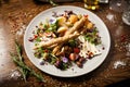 Cheese platter for two: Goat cheese cream, gorgonzola, camembert, grissini and fig jam. Delicious healthy Italian Royalty Free Stock Photo