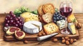 A cheese platter with various cheeses, nuts, bread, and wine, ideal for a gathering Royalty Free Stock Photo