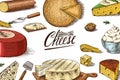 Cheese Poster or banner. Slices of Edam and Mozzarella for market or grocery store. Cheeseboard and Fresh organic milk