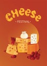Poster for the cheese festival. Assorted cheeses flat vector