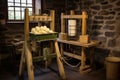 cheese press with fresh curds ready for pressing