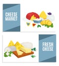 Cheese product set banner, vector illustration. Food from milk collection, tasty mozzarella, feta, cheddar and flat