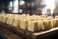 Cheese production unfolds in a dairy factory