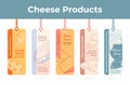 Cheese products promo tag on rope collection engraved vector illustration hanged advertising label