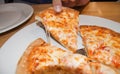 Cheese reaches for a piece of freshly baked hot pizza, someone`s hand pulls out a piece of delicious cheese pizza from a