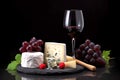 Cheese and red wine composition isolated on black background