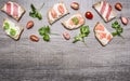 Cheese sandwiches with tomatoes on a branch and herbs cherry tomatoes and salmon on wooden rustic background top view border ,pla Royalty Free Stock Photo