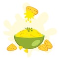 Cheese sauce for nachos tortilla chips in the bowl in flat style. Perfect for tee, stickers, menu and poster. Isolated vector
