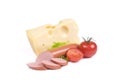 Cheese, sausage, tomato over white Royalty Free Stock Photo