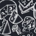 Cheese seamless pattern background design. Engraved style. Hand drawn maasdam. Royalty Free Stock Photo