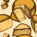 Cheese seamless pattern background design. Engraved style. Hand drawn parmigiano reggiano.