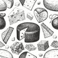Cheese seamless pattern. Hand drawn vector dairy illustration. Engraved style different cheese kinds. Vintage food background