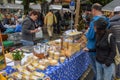 Cheese seller at the autumn market at Engelberg on the Swiss alps