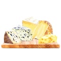 Cheese set on chopping wooden board, mold, mature blue cheese, french musty cheese, cheddar, parmesan and yang cheese