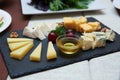 dish with different cheeses on a black rug Royalty Free Stock Photo