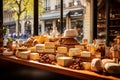 Cheese shop in the center of a European city. Assortment of Italian cheeses. AI generated.