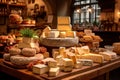 Cheese shop in the center of a European city. Assortment of Italian cheeses. AI generated.