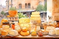 Cheese shop in the center of a European city. Assortment of Italian cheeses. Watercolor. AI generated.
