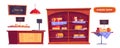 Cheese shop products and interior stuff icons set