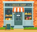 Cheese shop or store showcase with food and wine