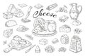 Cheese sketch. Hand drawn milk products, gourmet food slices, cheddar Parmesan brie. Vector breakfast vintage