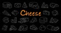 Cheese sketch set. Pieces of cheese with internal holes. Cheddar, camembert, brick, mozzarella, maasdam, brie, roquefort