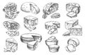 Sketch icons of cheese sorts, whole and slices