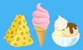 Cheese Slab and Ice Cream Cone and in Glass Bowl as Dairy Product Vector Illustration Set Royalty Free Stock Photo