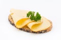 Cheese slices on bread. White background. Royalty Free Stock Photo