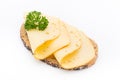Cheese slices on bread. White background. Royalty Free Stock Photo