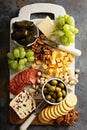 Cheese and snacks platter overhead shot Royalty Free Stock Photo